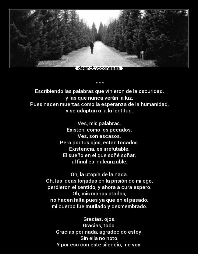 ... - Escribiendo las palabras que vinieron de la oscuridad,
y las que nunca verán la luz.
Pues nacen muertas como la esperanza de la humanidad,
y se adaptan a la la lentitud.

Ves, mis palabras.
Existen, como los pecados.
Ves, son escasos.
Pero por tus ojos, estan tocados.
Existencia, es irrefutable.
El sueño en el que soñé soñar,
al final es inalcanzable.

Oh, la utopía de la nada.
Oh, las ideas forjadas en la prisión de mi ego,
perdieron el sentido, y ahora a cura espero.
Oh, mis manos atadas,
no hacen falta pues ya que en el pasado,
mi cuerpo fue mutilado y desmembrado.

Gracias, ojos.
Gracias, todo.
Gracias por nada, agradecido estoy.
Sin ella no noto.
Y por eso con este silencio, me voy.