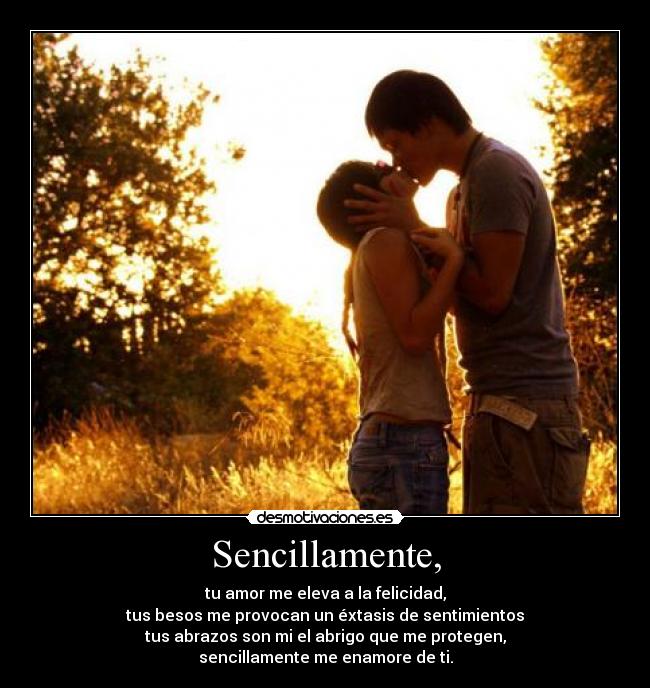 Sencillamente, - tu amor me eleva a la felicidad,
tus besos me provocan un éxtasis de sentimientos
tus abrazos son mi el abrigo que me protegen,
sencillamente me enamore de ti.