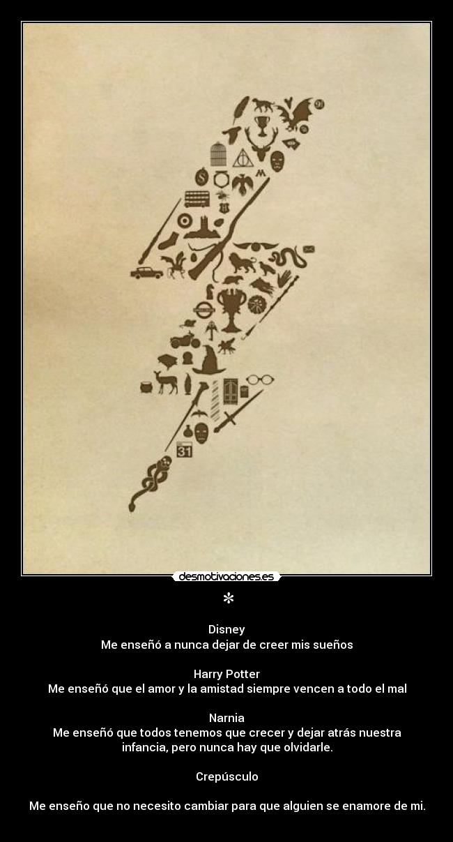 * - Disney
Me enseñó a nunca dejar de creer mis sueños

Harry Potter
Me enseñó que el amor y la amistad siempre vencen a todo el mal

Narnia
Me enseñó que todos tenemos que crecer y dejar atrás nuestra
infancia, pero nunca hay que olvidarle.

Crepúsculo

Me enseño que no necesito cambiar para que alguien se enamore de mi.
♥