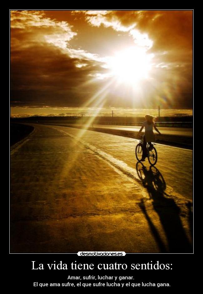 La vida tiene cuatro sentidos: - Amar, sufrir, luchar y ganar. 
El que ama sufre, el que sufre lucha y el que lucha gana.