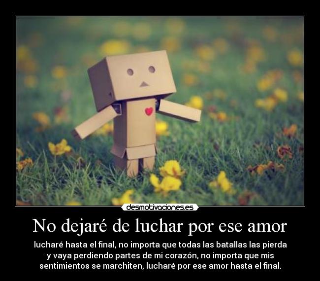 No dejaré de luchar por ese amor - lucharé hasta el final, no importa que todas las batallas las pierda
y vaya perdiendo partes de mi corazón, no importa que mis
sentimientos se marchiten, lucharé por ese amor hasta el final.
