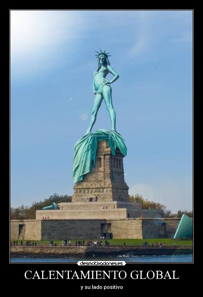 carteles calentamiento global sofocante efecto estatua libertad america usa new york bikini calor sol desmotivaciones