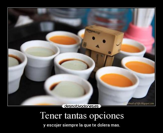 Tener tantas opciones - y escojer siempre la que te dolera mas.