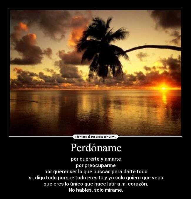 Perdóname - por quererte y amarte
por preocuparme
por querer ser lo que buscas para darte todo
si, digo todo porque todo eres tú y yo solo quiero que veas
que eres lo único que hace latir a mi corazón.
No hables, solo mírame.