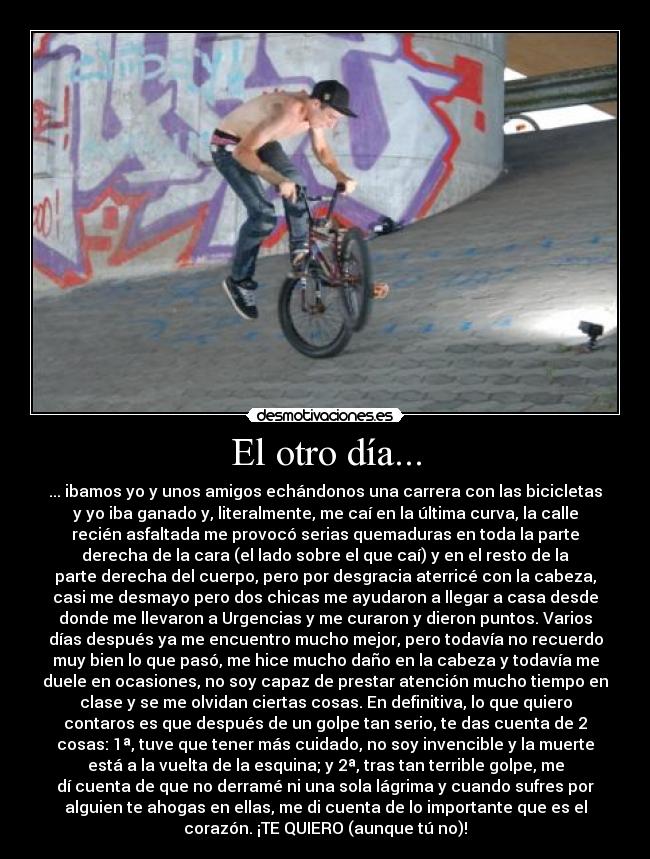 El otro día... - ... ibamos yo y unos amigos echándonos una carrera con las bicicletas
y yo iba ganado y, literalmente, me caí en la última curva, la calle
recién asfaltada me provocó serias quemaduras en toda la parte
derecha de la cara (el lado sobre el que caí) y en el resto de la
parte derecha del cuerpo, pero por desgracia aterricé con la cabeza,
casi me desmayo pero dos chicas me ayudaron a llegar a casa desde
donde me llevaron a Urgencias y me curaron y dieron puntos. Varios
días después ya me encuentro mucho mejor, pero todavía no recuerdo
muy bien lo que pasó, me hice mucho daño en la cabeza y todavía me
duele en ocasiones, no soy capaz de prestar atención mucho tiempo en
clase y se me olvidan ciertas cosas. En definitiva, lo que quiero
contaros es que después de un golpe tan serio, te das cuenta de 2
cosas: 1ª, tuve que tener más cuidado, no soy invencible y la muerte
está a la vuelta de la esquina; y 2ª, tras tan terrible golpe, me
dí cuenta de que no derramé ni una sola lágrima y cuando sufres por
alguien te ahogas en ellas, me di cuenta de lo importante que es el
corazón. ¡TE QUIERO (aunque tú no)!