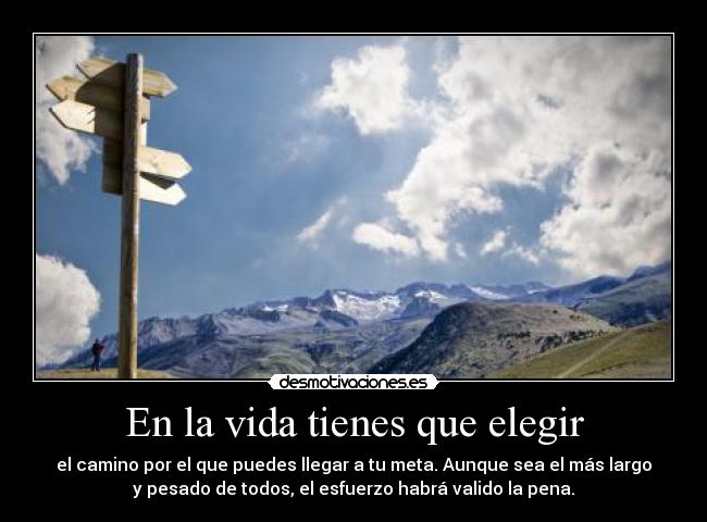 En la vida tienes que elegir - el camino por el que puedes llegar a tu meta. Aunque sea el más largo
y pesado de todos, el esfuerzo habrá valido la pena.