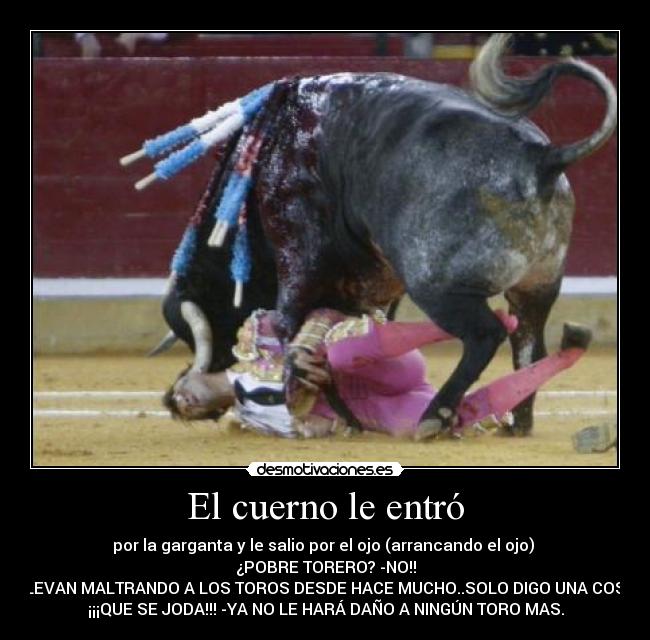 El cuerno le entró - por la garganta y le salio por el ojo (arrancando el ojo) 
¿POBRE TORERO? -NO!!
LLEVAN MALTRANDO A LOS TOROS DESDE HACE MUCHO..SOLO DIGO UNA COSA
¡¡¡QUE SE JODA!!! -YA NO LE HARÁ DAÑO A NINGÚN TORO MAS.