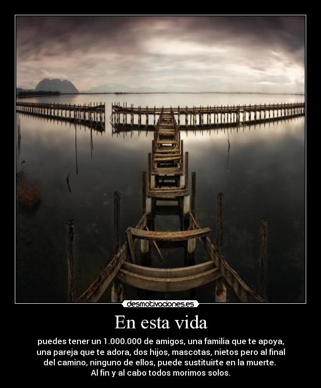 En esta vida - puedes tener un 1.000.000 de amigos, una familia que te apoya,
una pareja que te adora, dos hijos, mascotas, nietos pero al final
del camino, ninguno de ellos, puede sustituirte en la muerte.
Al fin y al cabo todos morimos solos.