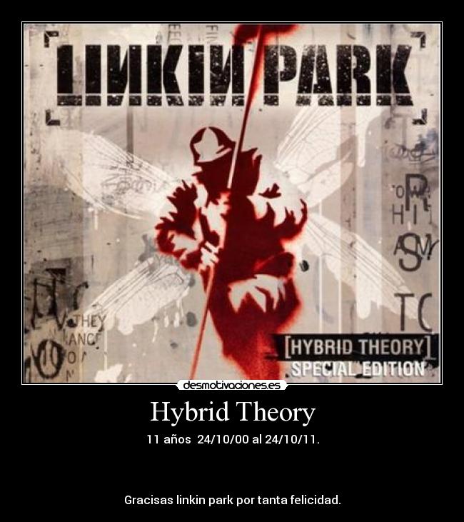 Hybrid Theory - 11 años  24/10/00 al 24/10/11.



Gracisas linkin park por tanta felicidad.