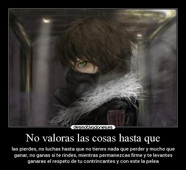 No valoras las cosas hasta que - las pierdes, no luchas hasta que no tienes nada que perder y mucho que
ganar, no ganas si te rindes, mientras permanezcas firme y te levantes
ganaras el respeto de tu contrincantes y con este la pelea