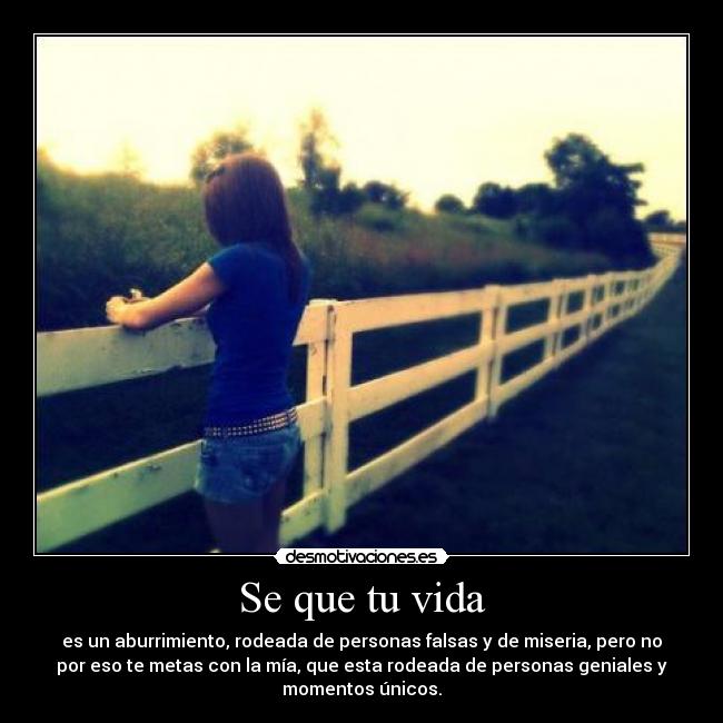 Se que tu vida - es un aburrimiento, rodeada de personas falsas y de miseria, pero no
por eso te metas con la mía, que esta rodeada de personas geniales y
momentos únicos.