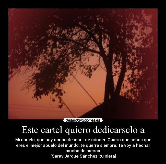 Este cartel quiero dedicarselo a - Mi abuelo, que hoy acaba de morir de cáncer. Quiero que sepas que
eres el mejor abuelo del mundo, te querré siempre. Te voy a hechar
mucho de menos.
[Saray Jarque Sánchez, tu nieta]
