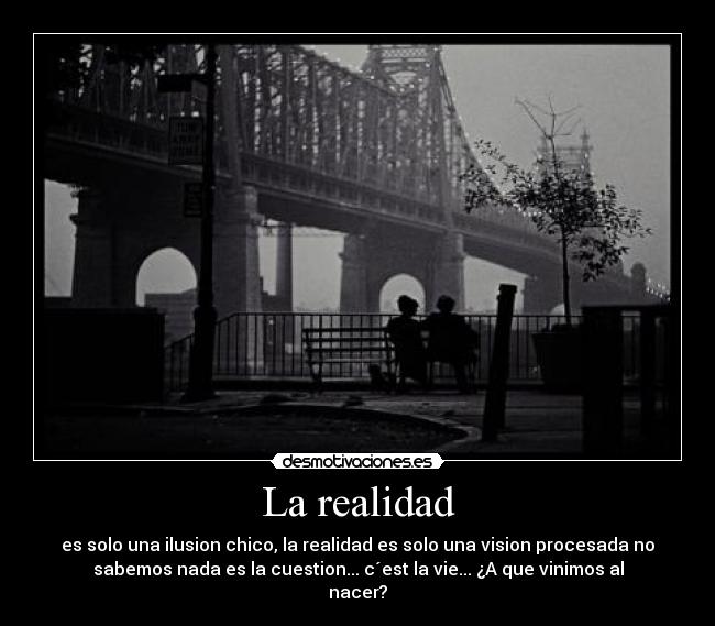 La realidad - es solo una ilusion chico, la realidad es solo una vision procesada no
sabemos nada es la cuestion... c´est la vie... ¿A que vinimos al
nacer?