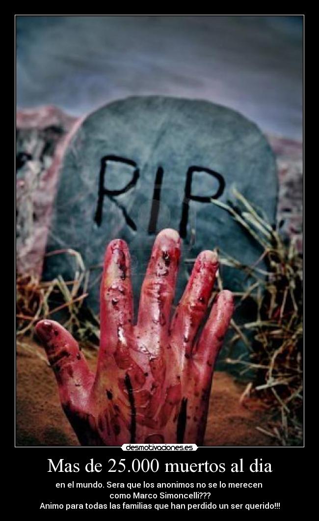 Mas de 25.000 muertos al dia - en el mundo. Sera que los anonimos no se lo merecen
como Marco Simoncelli???
Animo para todas las familias que han perdido un ser querido!!!