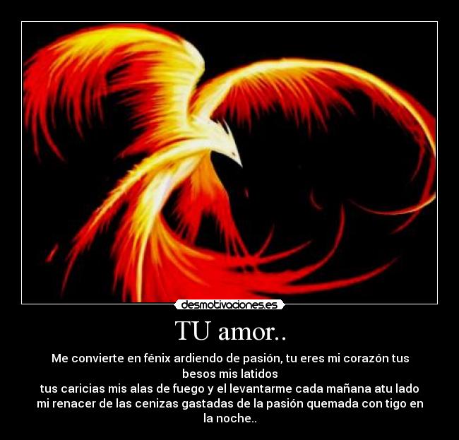TU amor.. - Me convierte en fénix ardiendo de pasión, tu eres mi corazón tus
besos mis latidos
tus caricias mis alas de fuego y el levantarme cada mañana atu lado
mi renacer de las cenizas gastadas de la pasión quemada con tigo en
la noche..