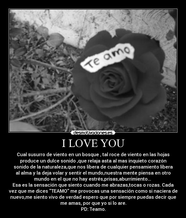 I LOVE YOU - Cual susurro de viento en un bosque , tal roce de viento en las hojas
produce un dulce sonido ,que relaja asta al mas inquieto corazón
sonido de la naturaleza,que nos libera de cualquier pensamiento libera
al alma y la deja volar y sentir el mundo,nuestra mente piensa en otro
mundo en el que no hay estrés,prisas,aburrimiento...
Esa es la sensación que siento cuando me abrazas,tocas o rozas. Cada
vez que me dices TEAMO me provocas una sensación como si naciera de
nuevo,me siento vivo de verdad espero que por siempre puedas decir que
me amas, por que yo si lo are.
PD: Teamo.