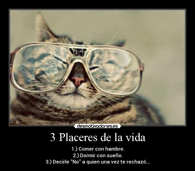 3 Placeres de la vida - 1.) Comer con hambre.
2.) Dormir con sueño.
3.) Decirle No a quien una vez te rechazó...