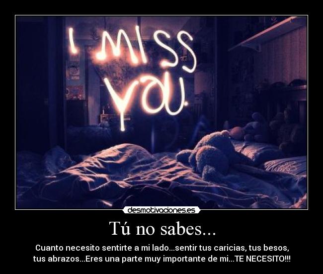 Tú no sabes... - Cuanto necesito sentirte a mi lado...sentir tus caricias, tus besos,
tus abrazos...Eres una parte muy importante de mi...TE NECESITO!!!