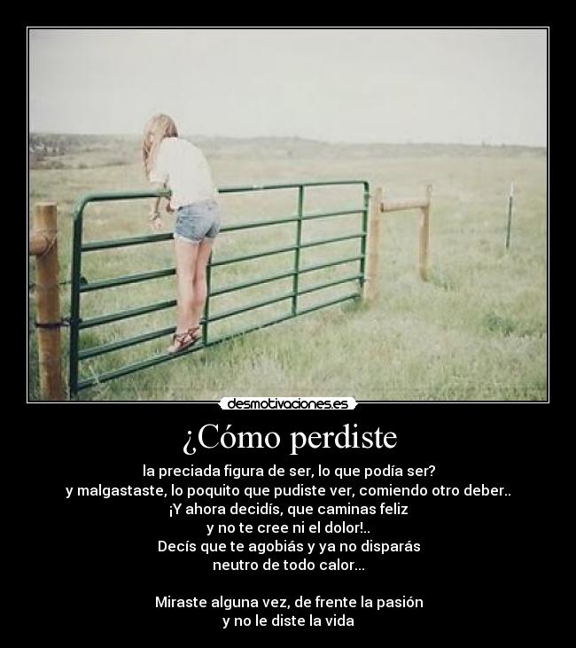 ¿Cómo perdiste - la preciada figura de ser, lo que podía ser?
y malgastaste, lo poquito que pudiste ver, comiendo otro deber..
¡Y ahora decidís, que caminas feliz
y no te cree ni el dolor!..
Decís que te agobiás y ya no disparás
neutro de todo calor...

Miraste alguna vez, de frente la pasión
y no le diste la vida