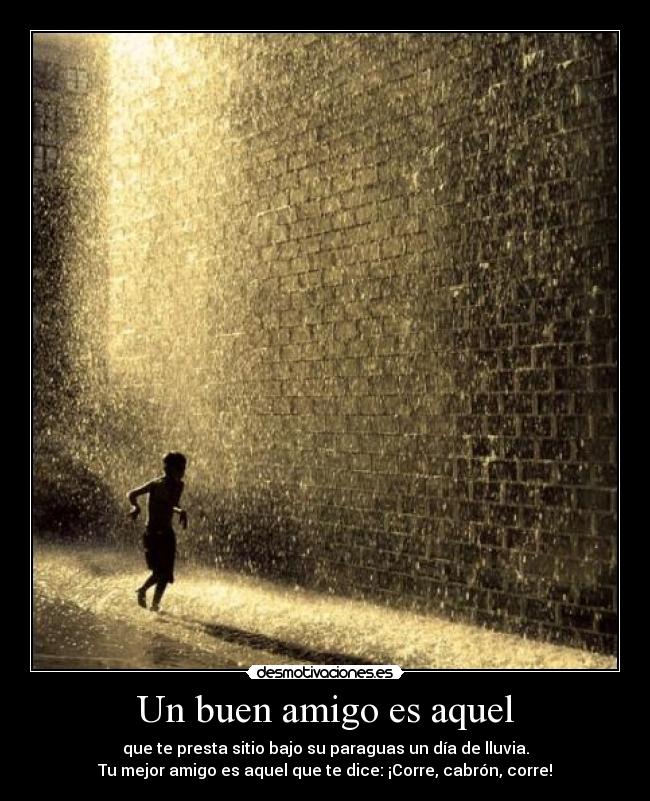 Un buen amigo es aquel - que te presta sitio bajo su paraguas un día de lluvia.
Tu mejor amigo es aquel que te dice: ¡Corre, cabrón, corre!