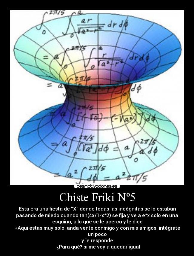 Chiste Friki Nº5 - Esta era una fiesta de X donde todas las incógnitas se lo estaban
pasando de miedo cuando tan(4x/1-x^2) se fija y ve a e^x solo en una
esquina, a lo que se le acerca y le dice
+Aqui estas muy solo, anda vente conmigo y con mis amigos, intégrate
un poco
y le responde
-¿Para qué? si me voy a quedar igual
