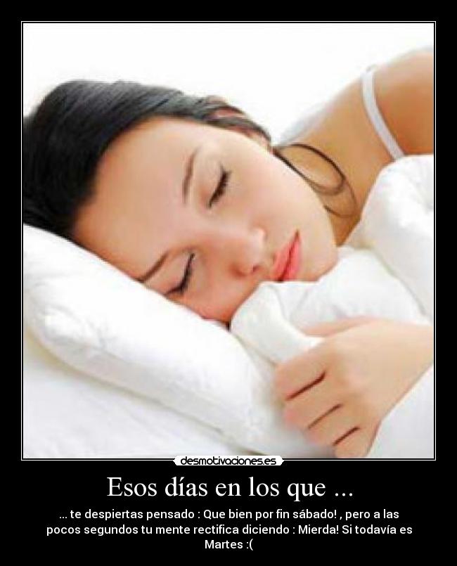 Esos días en los que ... - ... te despiertas pensado : Que bien por fin sábado! , pero a las
pocos segundos tu mente rectifica diciendo : Mierda! Si todavía es
Martes :(