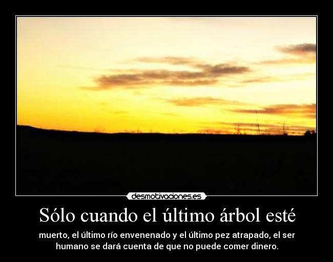 Sólo cuando el último árbol esté - muerto, el último río envenenado y el último pez atrapado, el ser
humano se dará cuenta de que no puede comer dinero.
