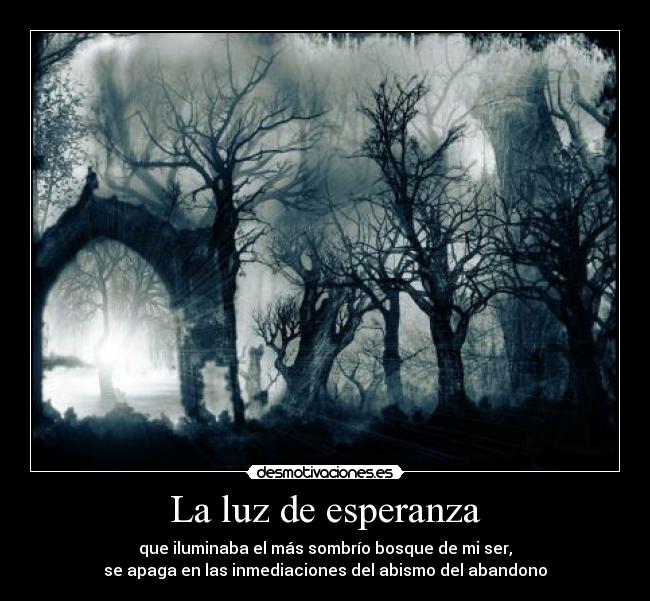 La luz de esperanza - que iluminaba el más sombrío bosque de mi ser,
se apaga en las inmediaciones del abismo del abandono