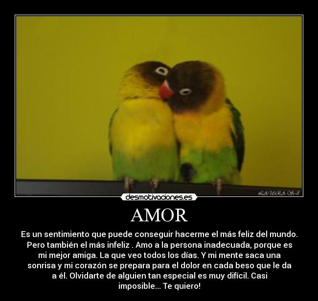 AMOR - Es un sentimiento que puede conseguir hacerme el más feliz del mundo.
Pero también el más infeliz . Amo a la persona inadecuada, porque es
mi mejor amiga. La que veo todos los días. Y mi mente saca una
sonrisa y mi corazón se prepara para el dolor en cada beso que le da
a él. Olvidarte de alguien tan especial es muy difícil. Casi
imposible... Te quiero!