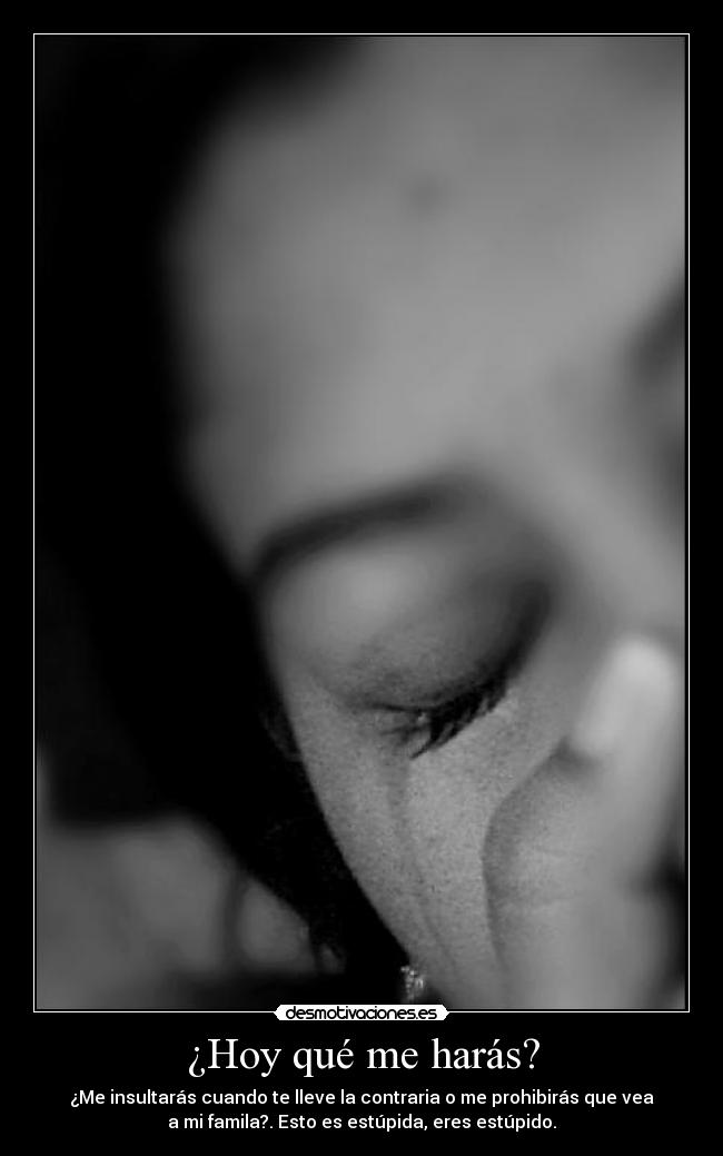¿Hoy qué me harás? - ¿Me insultarás cuando te lleve la contraria o me prohibirás que vea
a mi famila?. Esto es estúpida, eres estúpido.