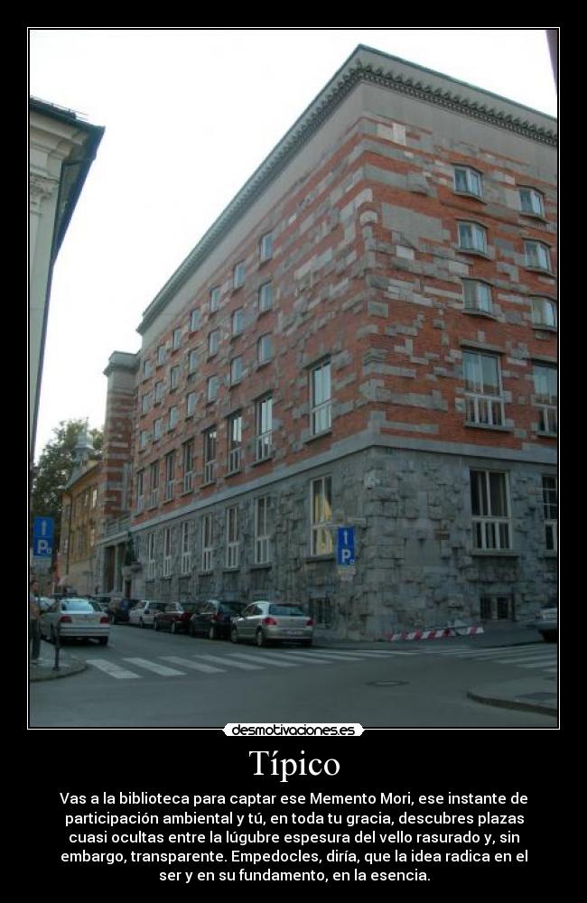 Típico - Vas a la biblioteca para captar ese Memento Mori, ese instante de
participación ambiental y tú, en toda tu gracia, descubres plazas
cuasi ocultas entre la lúgubre espesura del vello rasurado y, sin
embargo, transparente. Empedocles, diría, que la idea radica en el
ser y en su fundamento, en la esencia.