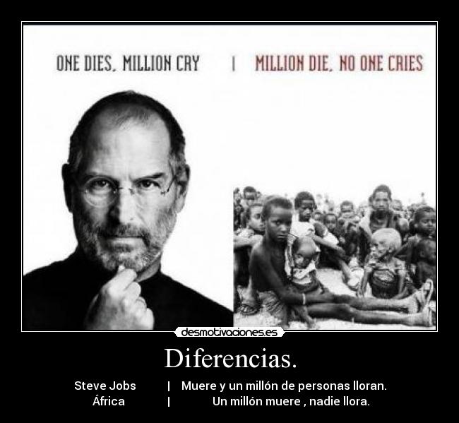 Diferencias. - Steve Jobs | Muere y un millón de personas lloran.
África | Un millón muere , nadie llora.