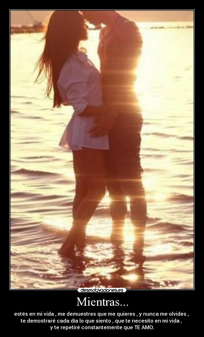 Mientras... - estés en mi vida , me demuestres que me quieres , y nunca me olvides ,
te demostraré cada día lo que siento , que te necesito en mi vida ,
y te repetiré constantemente que TE AMO.