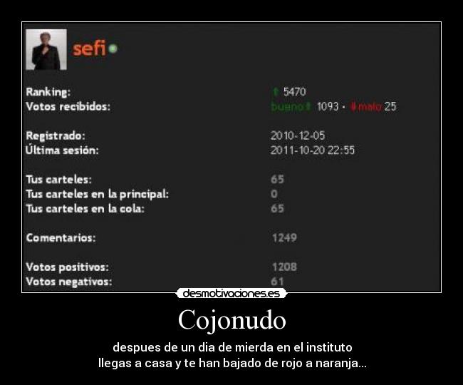 Cojonudo - despues de un dia de mierda en el instituto
llegas a casa y te han bajado de rojo a naranja...