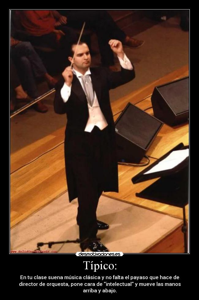 Típico: - En tu clase suena música clásica y no falta el payaso que hace de
director de orquesta, pone cara de intelectual y mueve las manos
arriba y abajo.