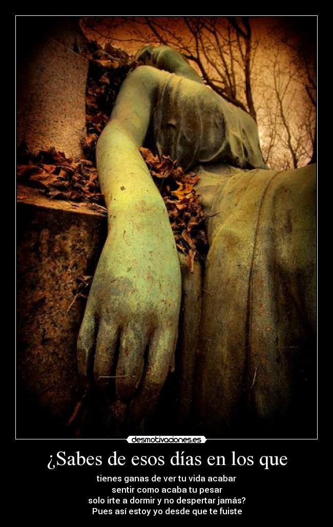 ¿Sabes de esos días en los que - tienes ganas de ver tu vida acabar
sentir como acaba tu pesar
solo irte a dormir y no despertar jamás?
Pues así estoy yo desde que te fuiste
