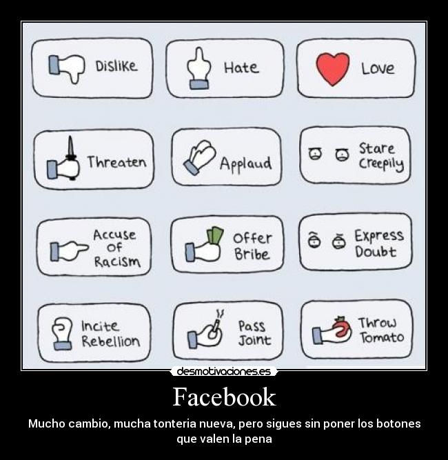 Facebook - Mucho cambio, mucha tonteria nueva, pero sigues sin poner los botones
que valen la pena