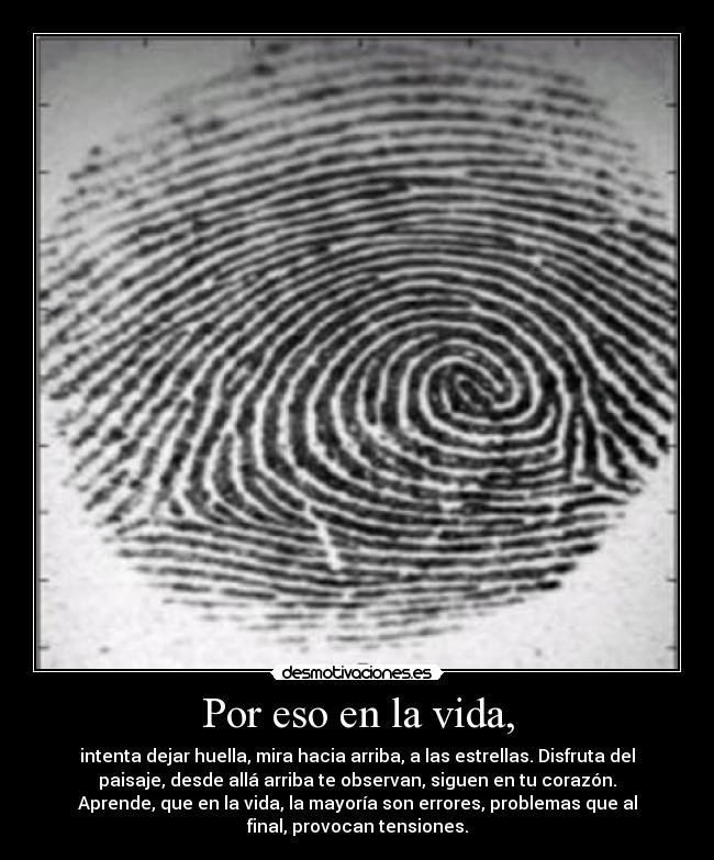 Por eso en la vida, - intenta dejar huella, mira hacia arriba, a las estrellas. Disfruta del
paisaje, desde allá arriba te observan, siguen en tu corazón.
Aprende, que en la vida, la mayoría son errores, problemas que al
final, provocan tensiones.