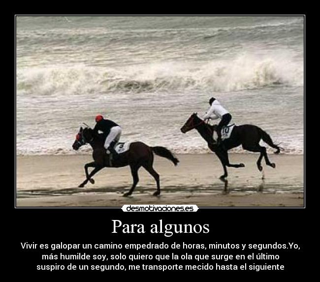 Para algunos - Vivir es galopar un camino empedrado de horas, minutos y segundos.Yo,
más humilde soy, solo quiero que la ola que surge en el último
suspiro de un segundo, me transporte mecido hasta el siguiente