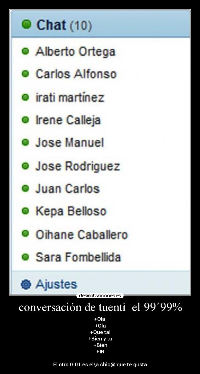 conversación de tuenti el 99´99% - +Ola
+Ola
+Que tal
+Bien y tu
+Bien
FIN
El otro 0´01 es el\a chic@ que te gusta