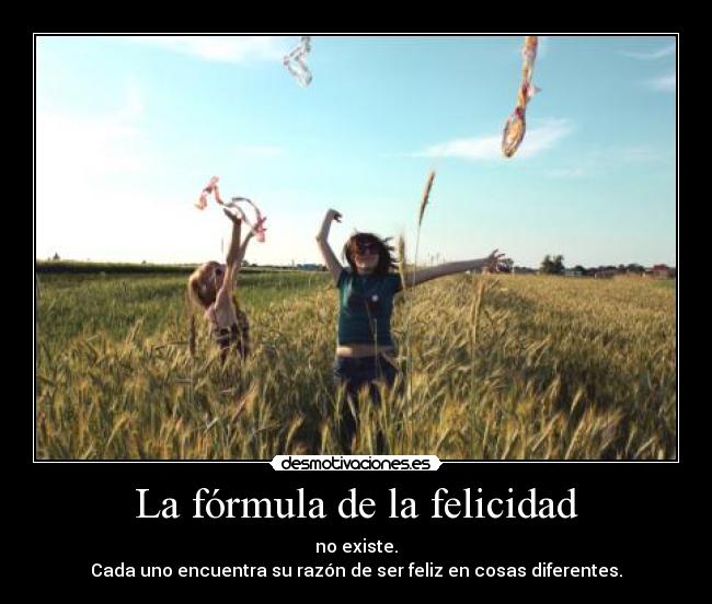 La fórmula de la felicidad - no existe.
Cada uno encuentra su razón de ser feliz en cosas diferentes.