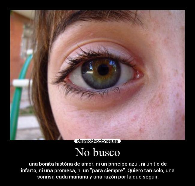 No busco - una bonita história de amor, ni un principe azul, ni un tio de
infarto, ni una promesa, ni un para siempre. Quiero tan solo, una
sonrisa cada mañana y una razón por la que seguir.
