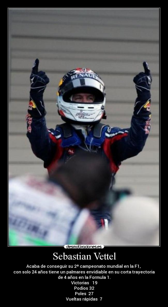 Sebastian Vettel - Acaba de conseguir su 2º campeonato mundial en la F1,
con solo 24 años tiene un palmares envidiable en su corta trayectoria
de 4 años en la Formula 1.
Victorias 19
Podios 32
Poles 27
Vueltas rápidas 7