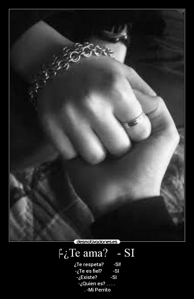 -¿Te ama? - SI - ¿Te respeta? -SI!
-¿Te es fiel? -SI
-¿Existe? -SI
-¿Quien es? . . . .
. -Mi Perrito
