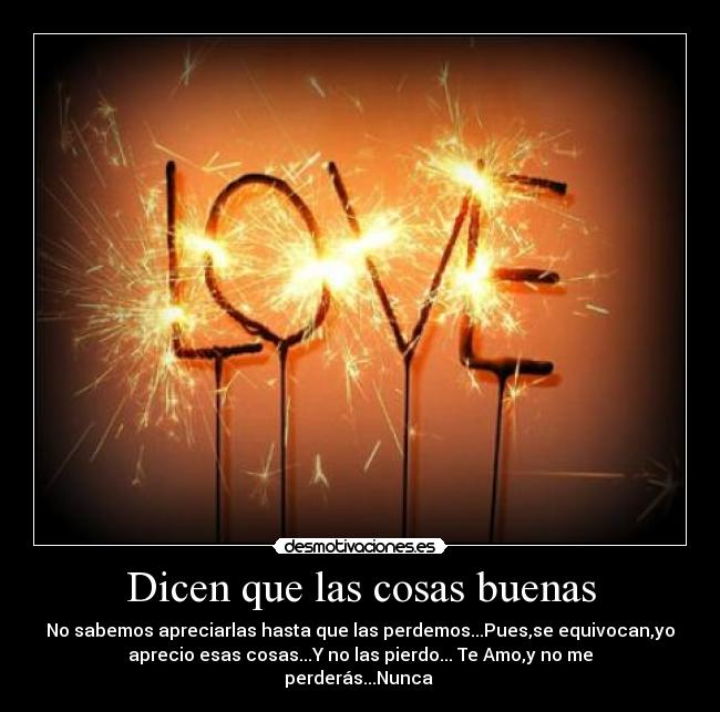 Dicen que las cosas buenas - No sabemos apreciarlas hasta que las perdemos...Pues,se equivocan,yo
aprecio esas cosas...Y no las pierdo... Te Amo,y no me
perderás...Nunca ♥