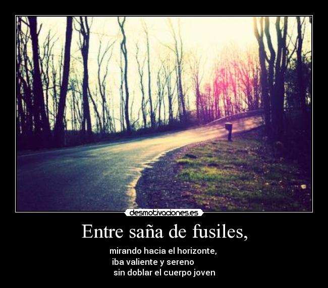 Entre saña de fusiles, - mirando hacia el horizonte,
iba valiente y sereno
sin doblar el cuerpo joven