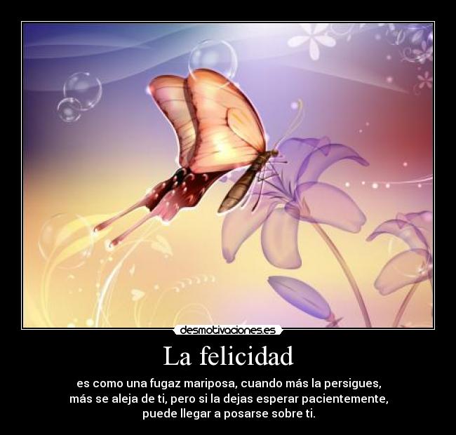 La felicidad - es como una fugaz mariposa, cuando más la persigues,
más se aleja de ti, pero si la dejas esperar pacientemente,
puede llegar a posarse sobre ti.