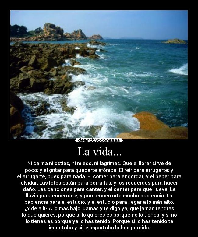 La vida... - Ni calma ni ostias, ni miedo, ni lagrimas. Que el llorar sirve de
poco; y el gritar para quedarte afónica. El reír para arrugarte; y
el arrugarte, pues para nada. El comer para engordar, y el beber para
olvidar. Las fotos están para borrarlas, y los recuerdos para hacer
daño. Las canciones para cantar, y el cantar para que llueva. La
lluvia para encerrarte, y para encerrarte mucha paciencia. La
paciencia para el estudio, y el estudio para llegar a lo más alto.
¿Y de allí? A lo más bajo. Jamás y te digo ya, que jamás tendrás
lo que quieres, porque si lo quieres es porque no lo tienes, y si no
lo tienes es porque ya lo has tenido. Porque si lo has tenido te
importaba y si te importaba lo has perdido.