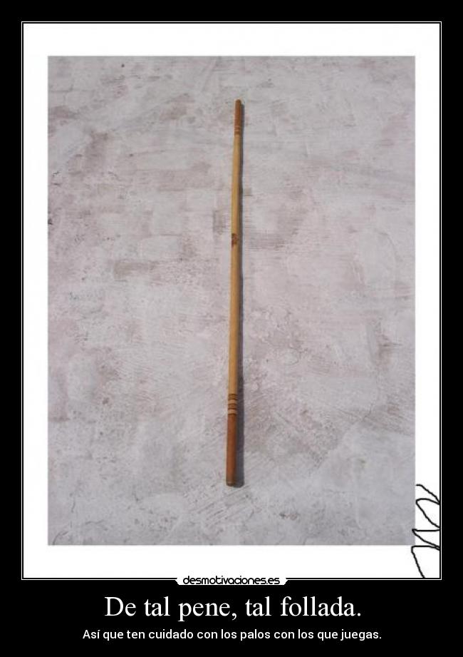 De tal pene, tal follada. - Así que ten cuidado con los palos con los que juegas.