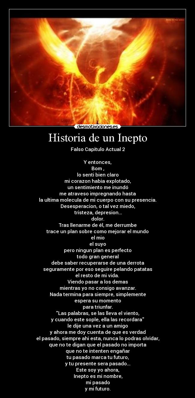 Historia de un Inepto - Falso Capitulo Actual 2
Y entonces,
Bom ,
lo senti bien claro
mi corazon habia explotado,
un sentimiento me inundó
me atraveso impregnando hasta
la ultima molecula de mi cuerpo con su presencia.
Desesperacion, o tal vez miedo,
tristeza, depresion...
dolor.
Tras llenarme de él, me derrumbe
trace un plan sobre como mejorar el mundo
el mio
el suyo
pero ningun plan es perfecto
todo gran general
debe saber recuperarse de una derrota
seguramente por eso seguire pelando patatas
el resto de mi vida.
Viendo pasar a los demas
mientras yo no consigo avanzar.
Nada termina para siempre, simplemente
espera su momento
para triunfar.
Las palabras, se las lleva el viento,
y cuando este sople, ella las recordara
le dije una vez a un amigo
y ahora me doy cuenta de que es verdad
el pasado, siempre ahi esta, nunca lo podras olvidar,
que no te digan que el pasado no importa
que no te intenten engañar
tu pasado marca tu futuro,
y tu presente sera pasado...
Este soy yo ahora,
Inepto es mi nombre,
mi pasado
y mi futuro.